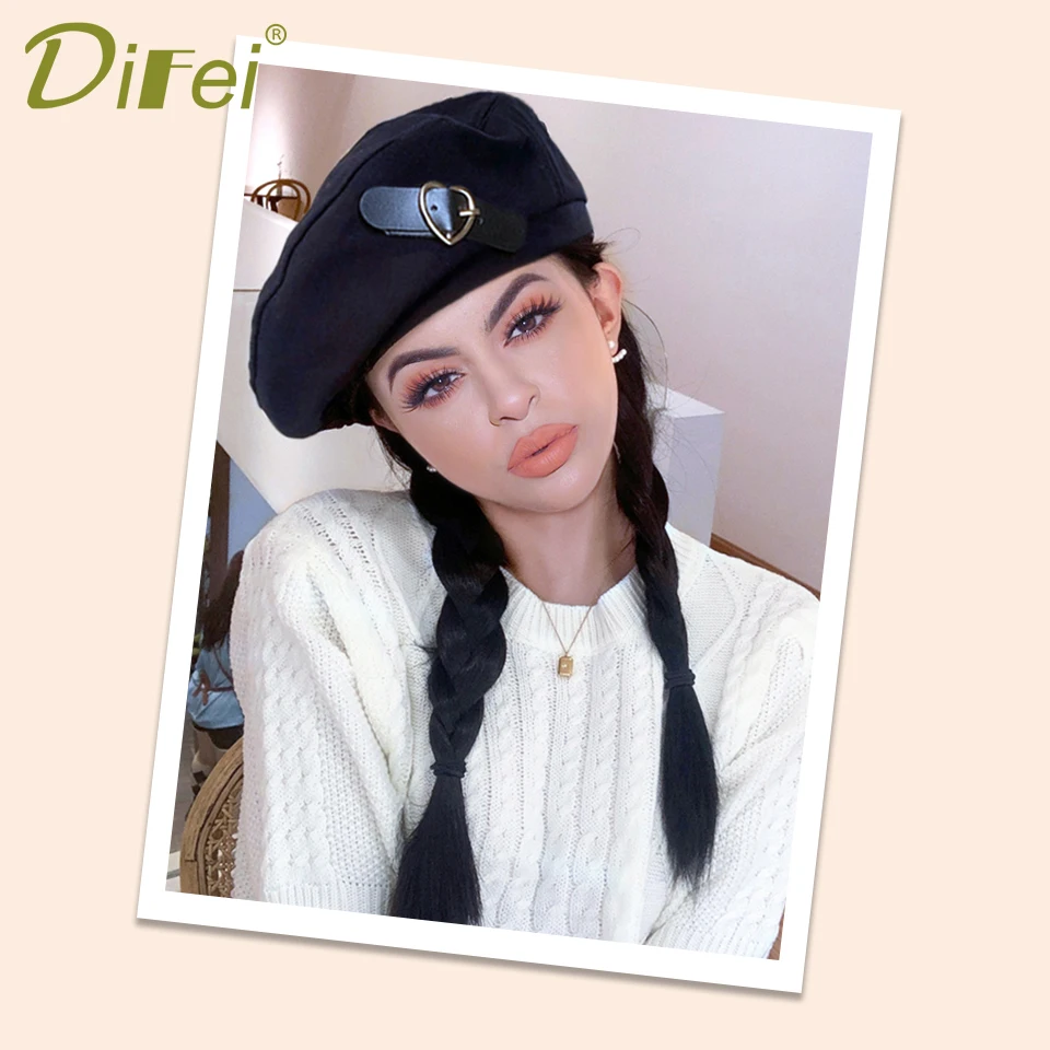 Berets Hat With Hair Wigs Synthetic Long Straight Fake Hair Hat Wig Autumn Winter Warm Cap Wig Black Cap With 50cm Long Hair Wig