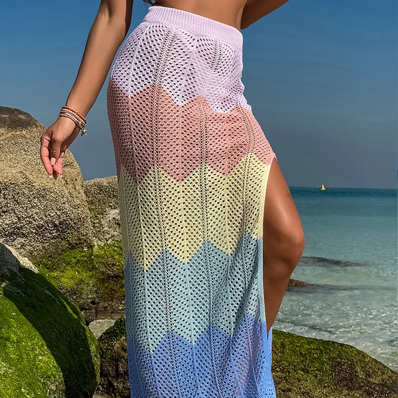 하이웨이스트 섹시 사이드 슬릿 밴디지 스커트 비치 스트라이프 니트 롱 드레스 크로셰 비키니 커버업 살롱 랩 수영복