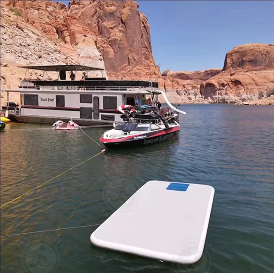 Diapositiva de pontón DWF, tobogán inflable para barco y estera de juego de agua, plataforma flotante funcional dos en uno, ISLANDA deslizante para piscina de lago