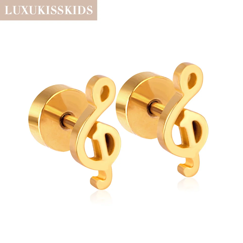 LUXUKISSKIDS Cute Musical Note Shape Stud Earrings For Child/Girls Stainless Steel Anti-allergy Gold Plated Earrings Jewellry