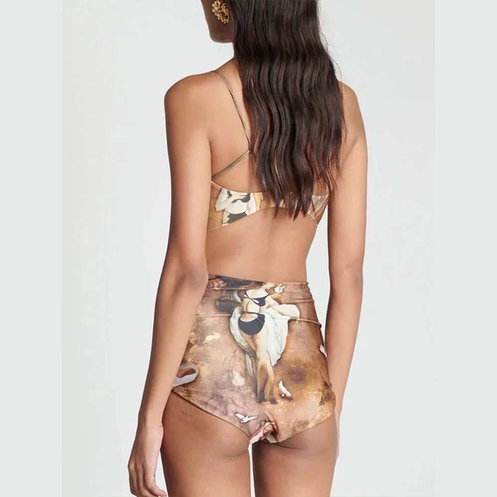 Vintage Oil Painting Printed Sling Swimsuit 2 Pieces with Skirt High Waist Slim Backless Bikini Suit Sexy Beachwear Women