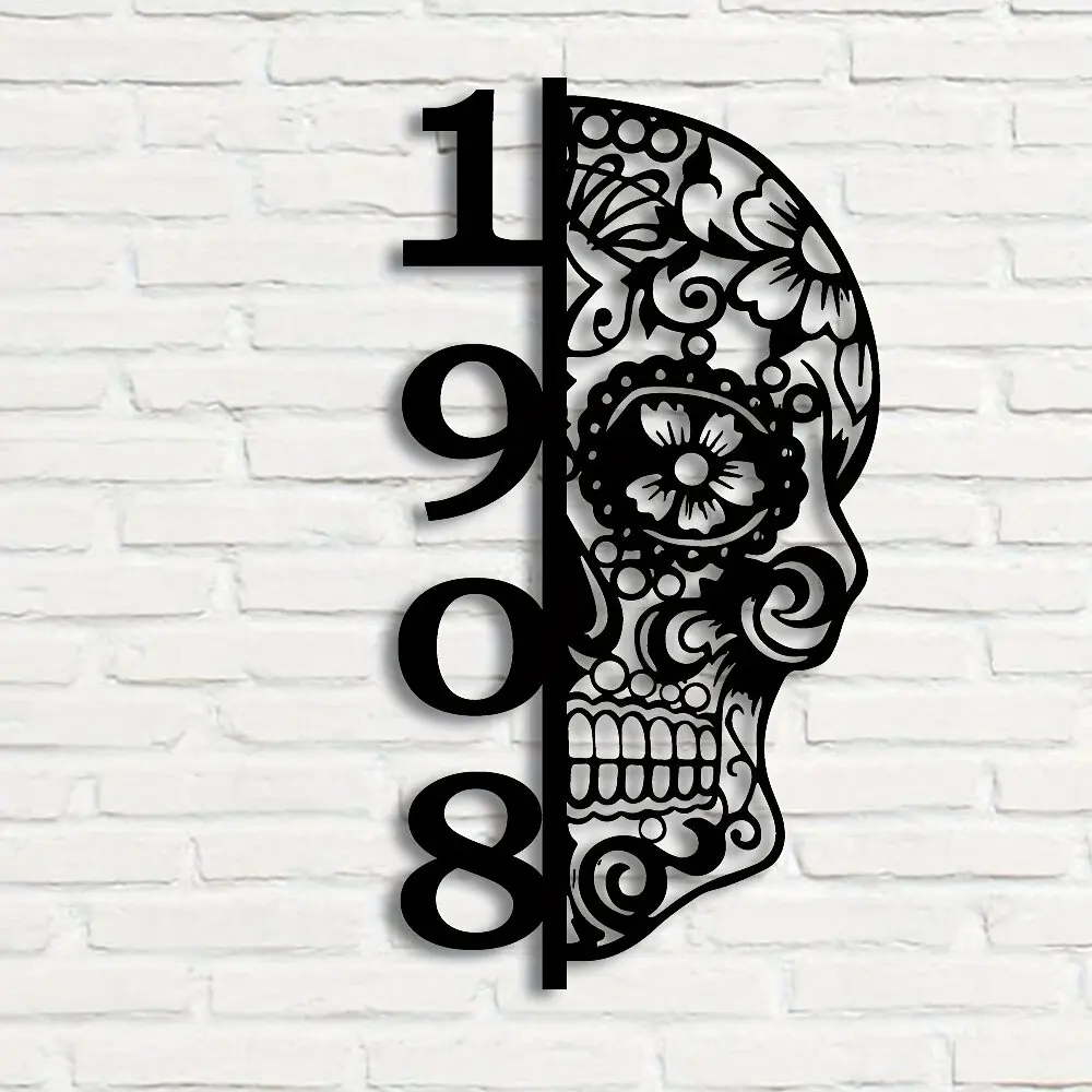 Custom Floral Skull Metal Address Sign, Outdoor/Indoor House Number Plaque, Address Plate, Front Door and Wall Decor, Home Decor