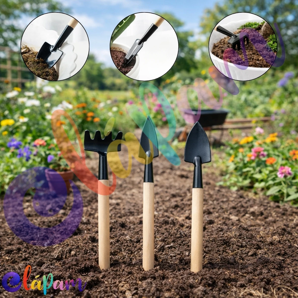 Kit Ferramentas Jardinagem Bonsai 3 Peças Mini Pá Ancinho Transplantador Suculentas Horta Jardim Cabo Madeira Resistente