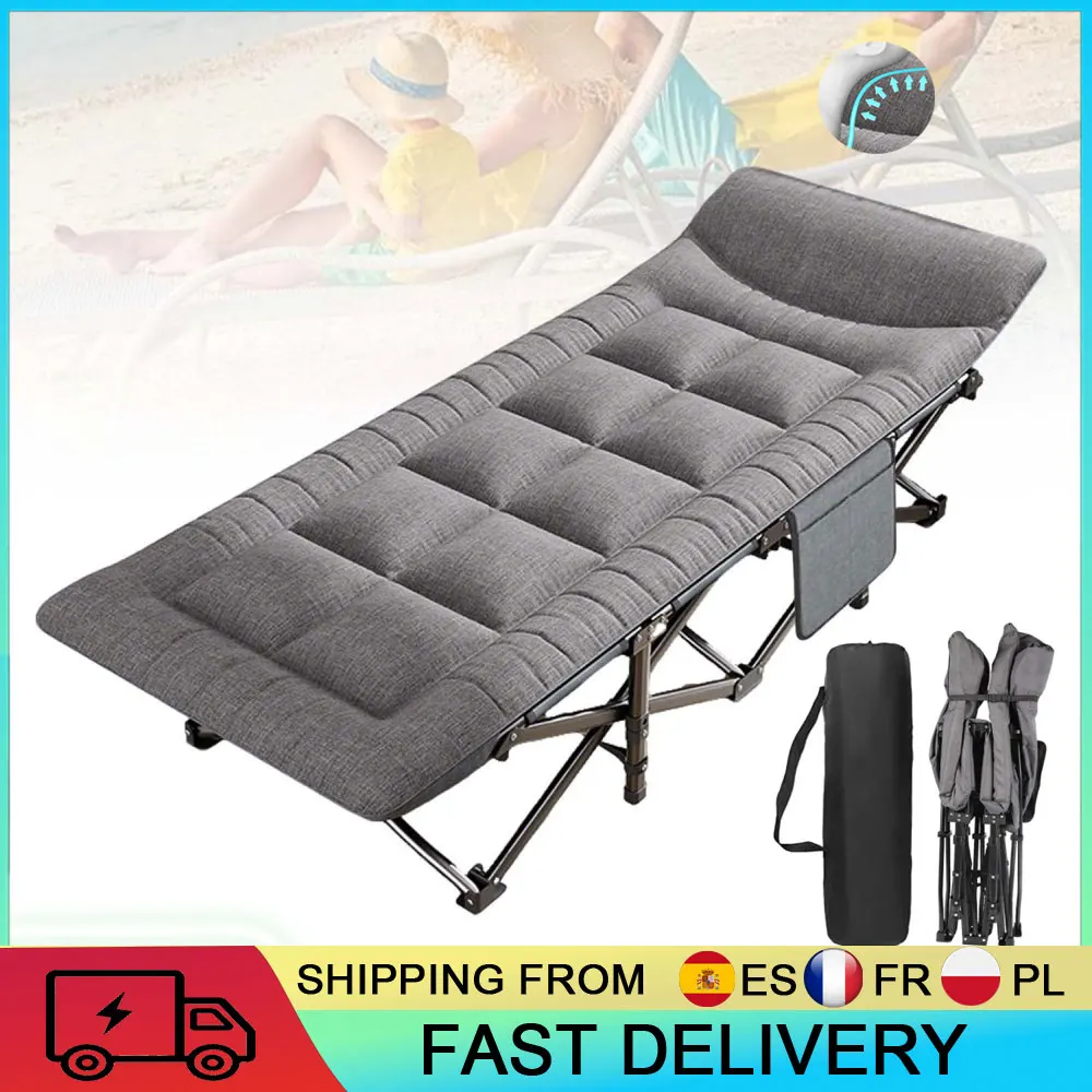 Lit de camping pliable, lit de camp portable avec poche latérale pour la pause déjeuner, camping en plein air, bureau, lit de camp en acier robuste