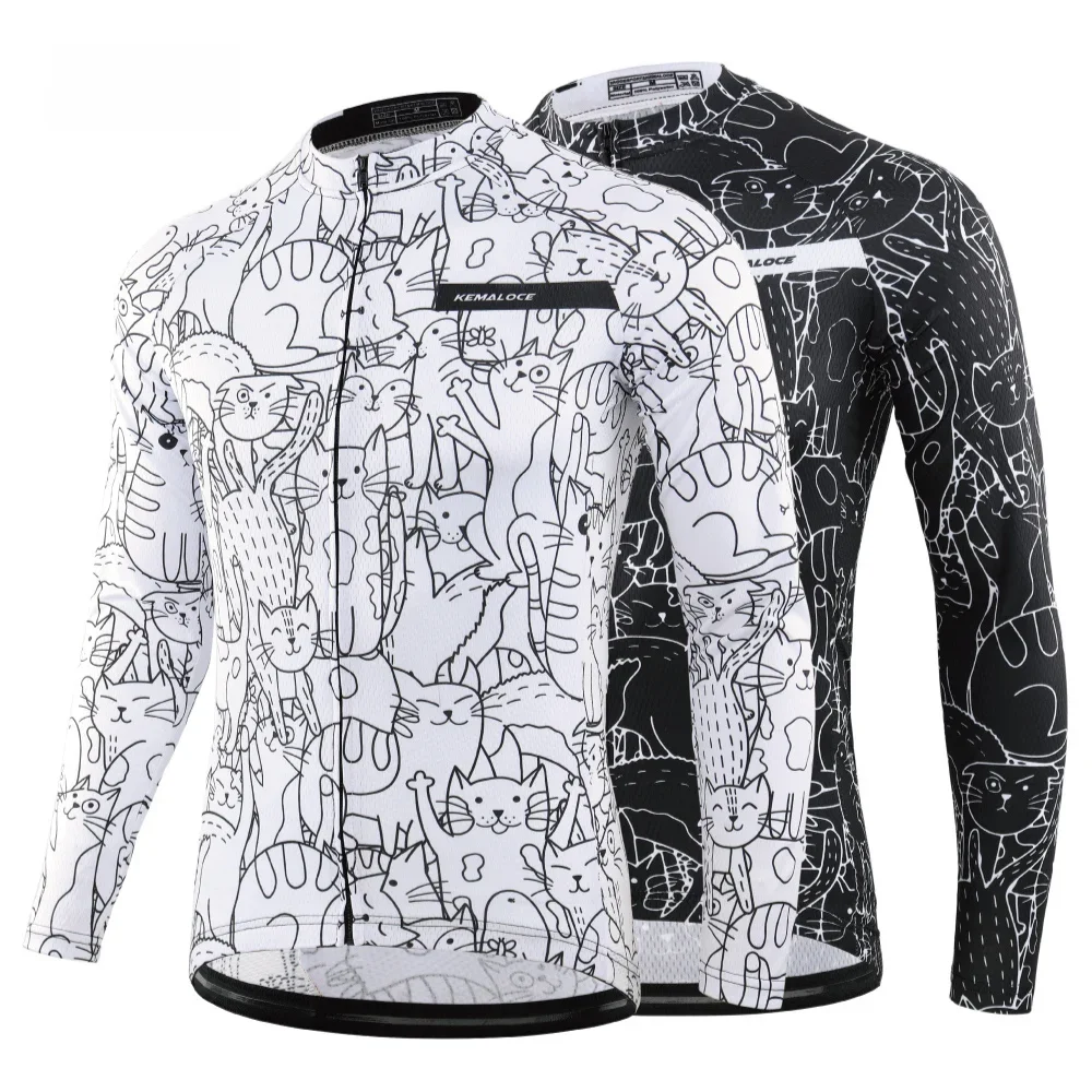 AliExpress KEMALOCE Cycling Jersey Long Sleeves Men&Women White&Black Cartoon 2024 Bicycle Jersey Team Summer