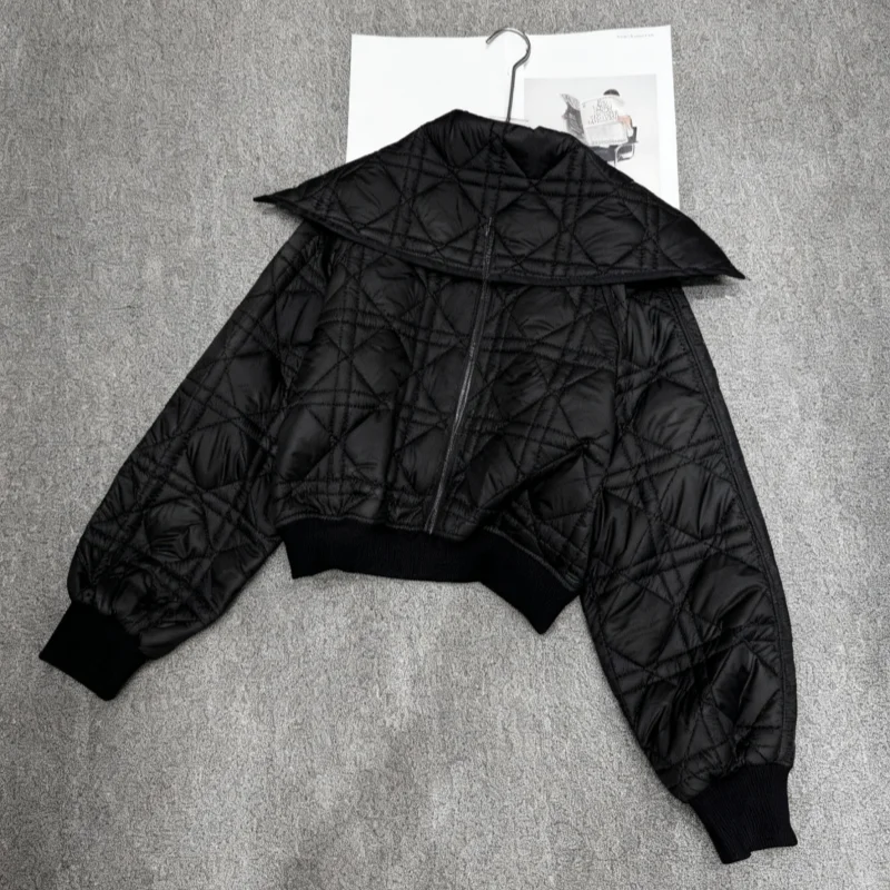 

High quality autumn and winter women's large collar diamond grid double zipper cotton jacket HL080