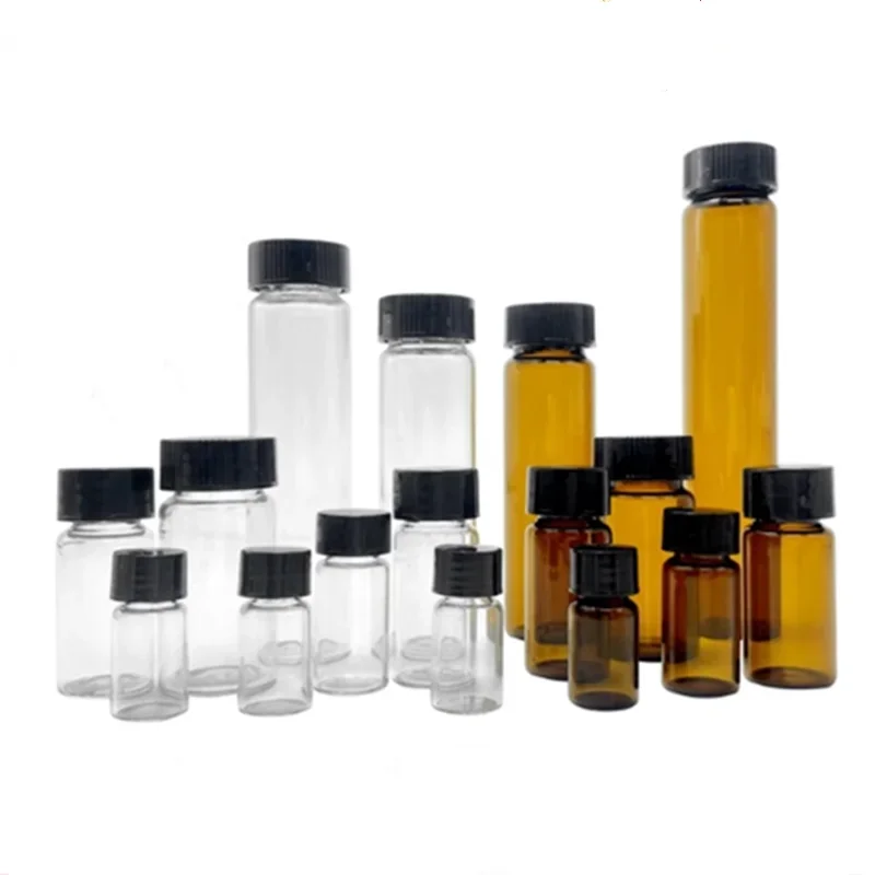 30 sztuk/partia 3ml do 50ml przezroczysta/brązowa butelka na próbki ze szkła lecznicznego o niskiej zawartości borokrzemianu z zakrętką i szczelną podkładką wewnętrzną PE — zdjęcie 2