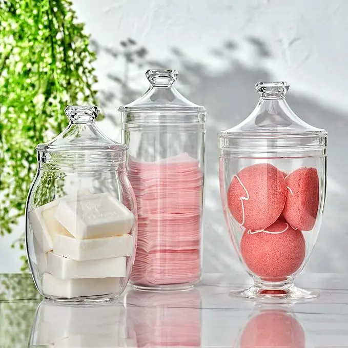 Plastic Apothecary Jars, 3-Piece Set (52/46/46 oz), Acrylic Jars with Lids, Bathroom Canisters, Candy Buffet, Wedding Display