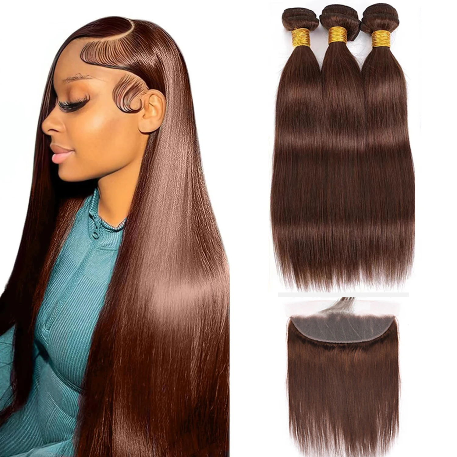 Straight Bundles with Frontal  Brazilian Virgin Human Hair 3 Bundles with 13x4 HD Frontal Brown #4 Color Straight 3 Bundles Hair