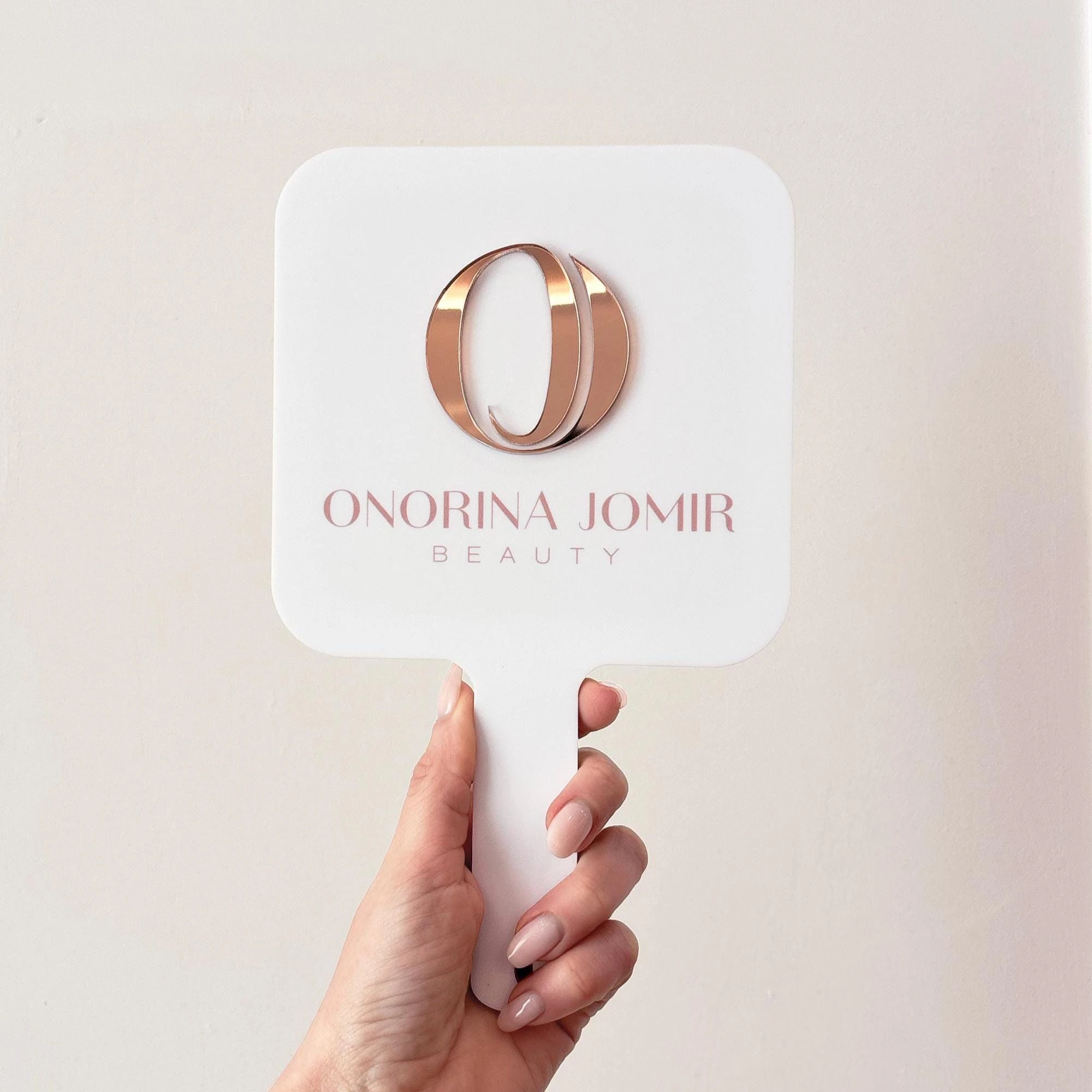 Acrylic Hand Mirror Matte White and Rose Gold Mirror for Lash Tech Aesthetician - Salon Branding - Professional Studio Tool