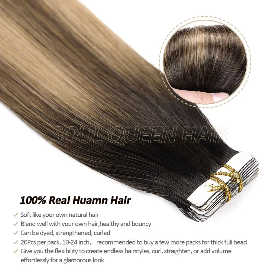 Tape in Hair Extensions Ombre Color 2/6/18 Brown Blonde Tape in Human Hair Extensions Straight Seamless Hair Extensions 50g 20pc