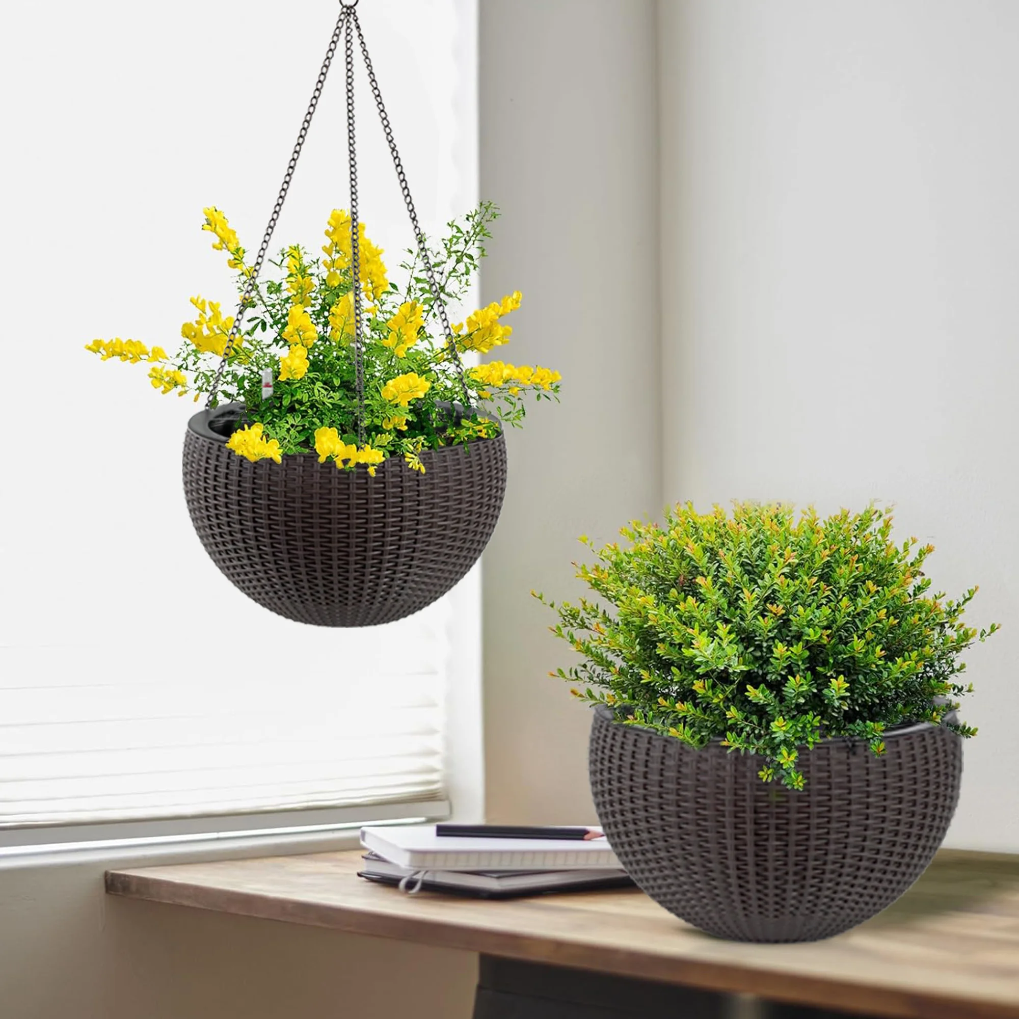 

13.4in Self-Watering Hanging Rattan Planters, Large Capacity with Water Level Indicator, Indoor & Balcony, Pack of 2, Brown