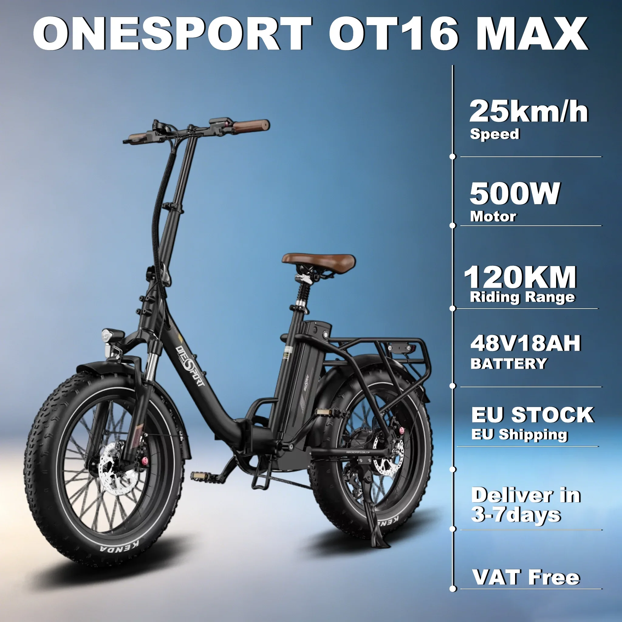 Onesport OT16 Max Opvouwbare E-Bike 20x4.0 Vetband 48V18Ah Batterij Peak Achternaaf Borstelloze Motor 7-versnellings Schakelaar Elektrische Fiets