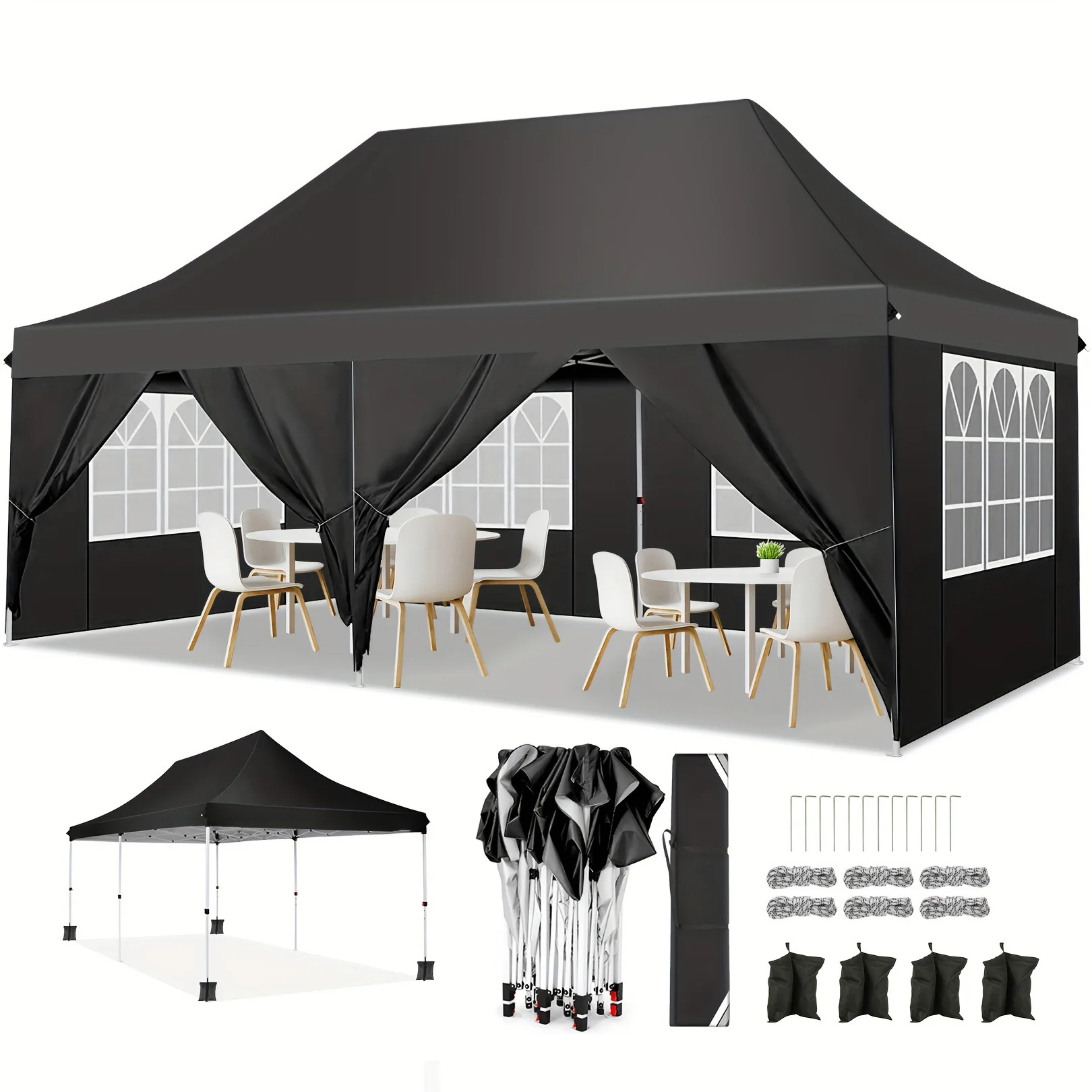 10x20FT Pop up Canopy Party Tent,Carry Bag, Portable Instant Gazebo | 3 Adjustable Height, Waterproof UV50+, 420D Oxford Cloth,12 Stakes, 6 Ropes, PU1500mm Silver-Coated, for Commercial, Events