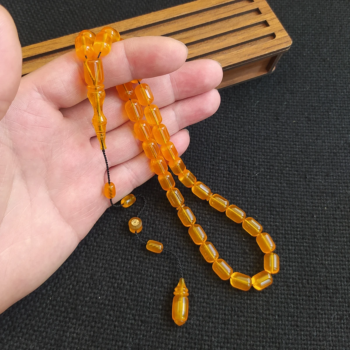 

Mesut Elma Islamic Prayer 33 Beads Tightening Amber Rosary 8x11 mm Orange Dice Amber Tasbih مسبحة Bakelite كهرمان Tesbih