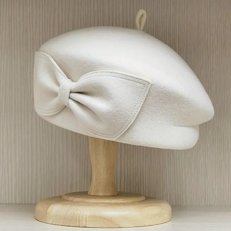 Elegancki wełniany beret z kokardą Filcowa czapka zimowa dla kobiet Biały czarny kapelusz Fedora Koktajlowy kapelusz ślubny Pillbox — zdjęcie 2