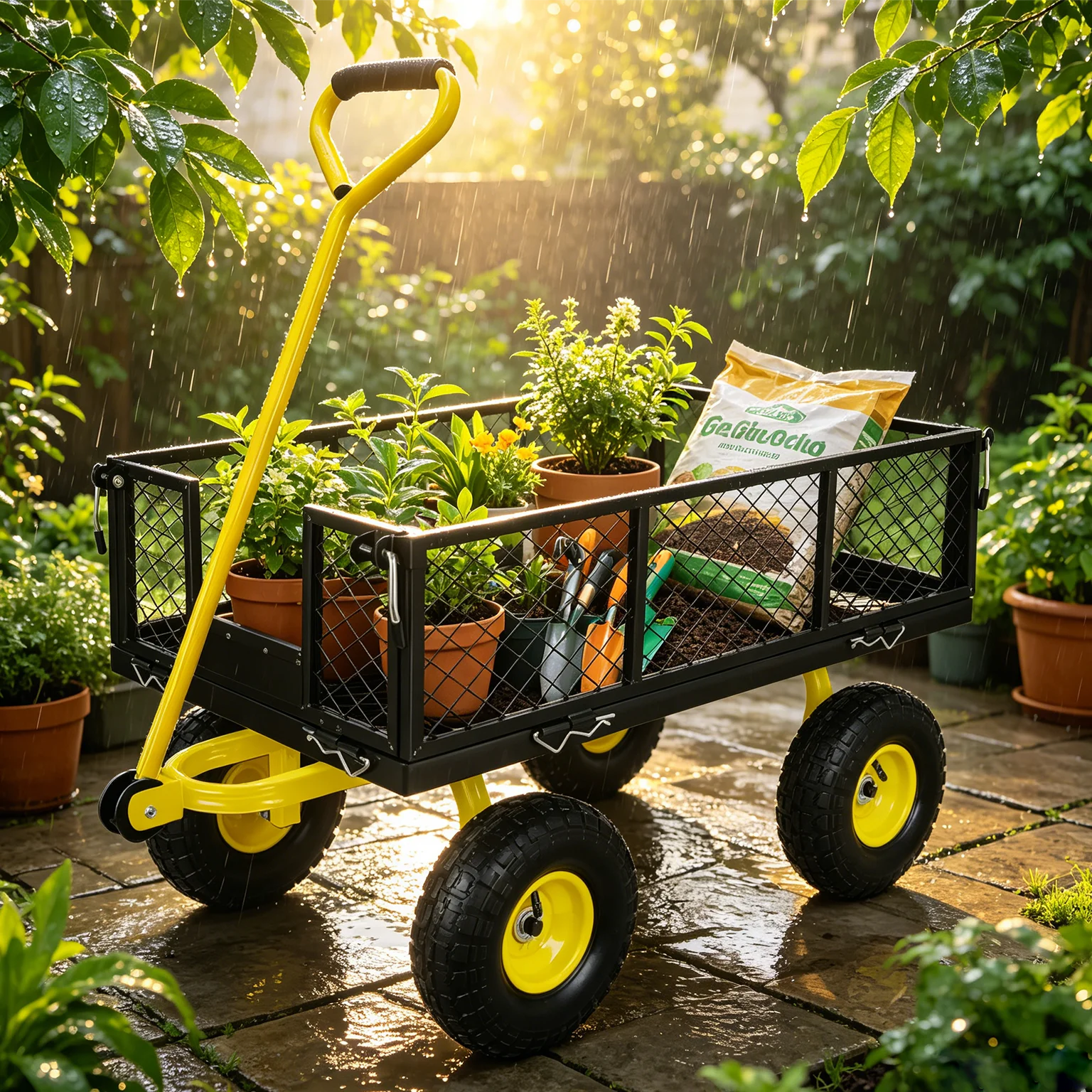 Carretilla de jardín convertible 2 en 1 Roust lb, carretilla de acero de uso pesado con lados extraíbles, modos de carretilla con rejilla lateral y carretilla con bandeja plana, ruedas todoterreno de 10'' 180 °   Mango ajustable para jardín y agricultura