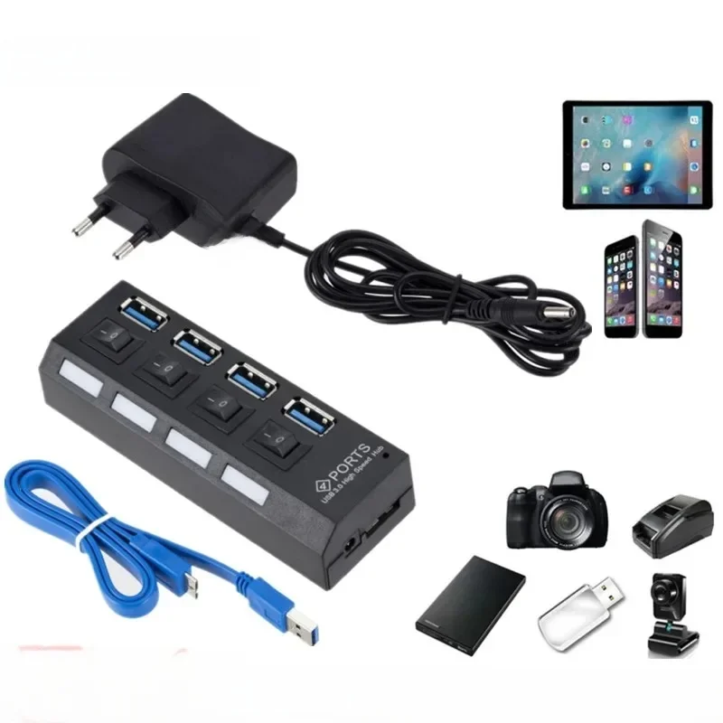 GRWIBEOU Hochgeschwindigkeits-USB-HUB 3.0 5Gbps USB 3.0 4-Port-HUB Neuester Kompakter Leichter Tragbarer Adapter-Hub mit Stromversorgung