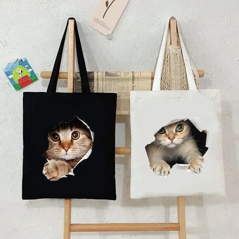 Cute Cat Graphics Hand Bag Women Tote Canvas Bag Vintage Shoulder Bag Harajuku Hip Hop Shopping Bag Cartoon 3D Cats Handbag — zdjęcie 2