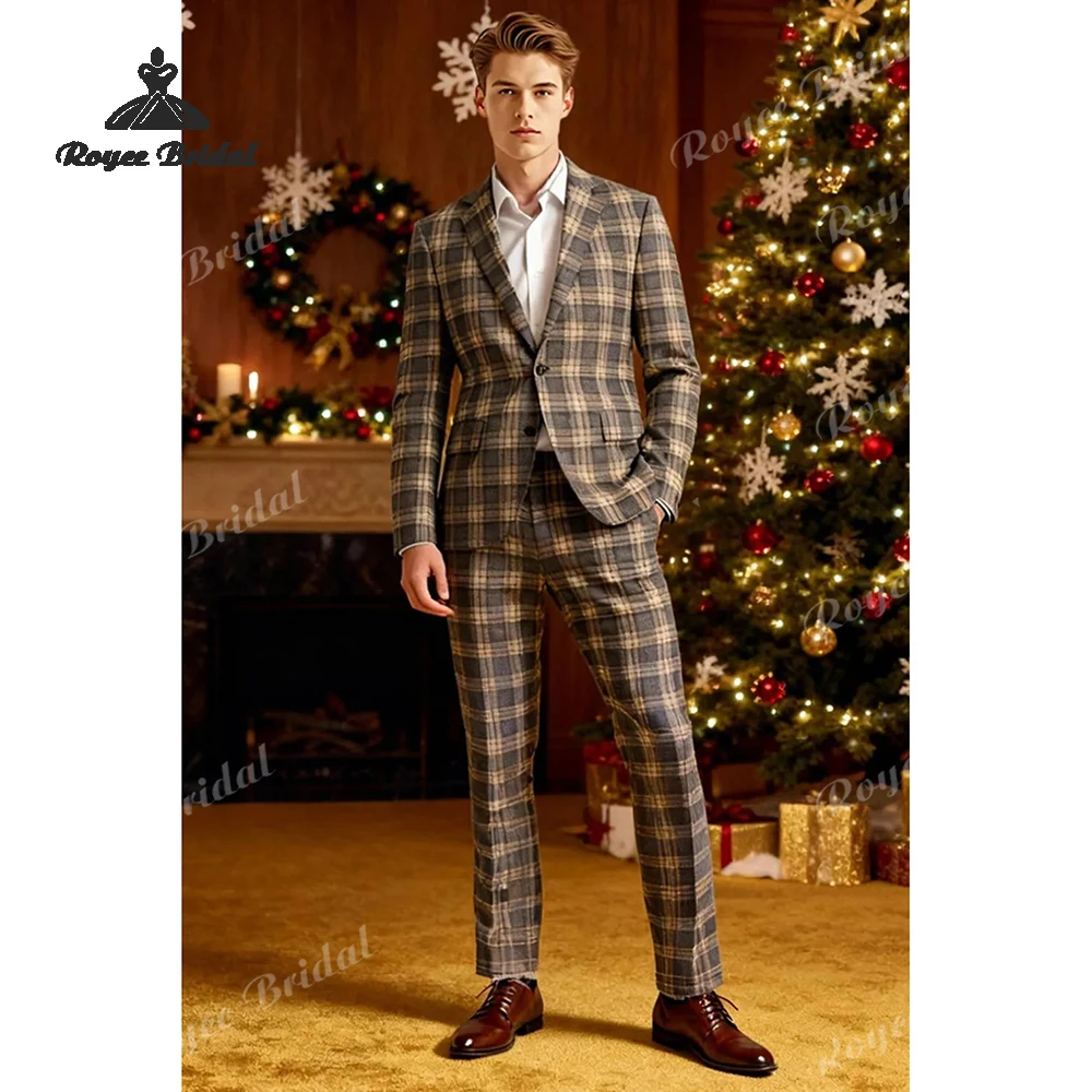 Grid Two Piece Single Breasted Men's Suit Wedding 2026 Notched Lapel Evening Suit Customized trajes para hombre