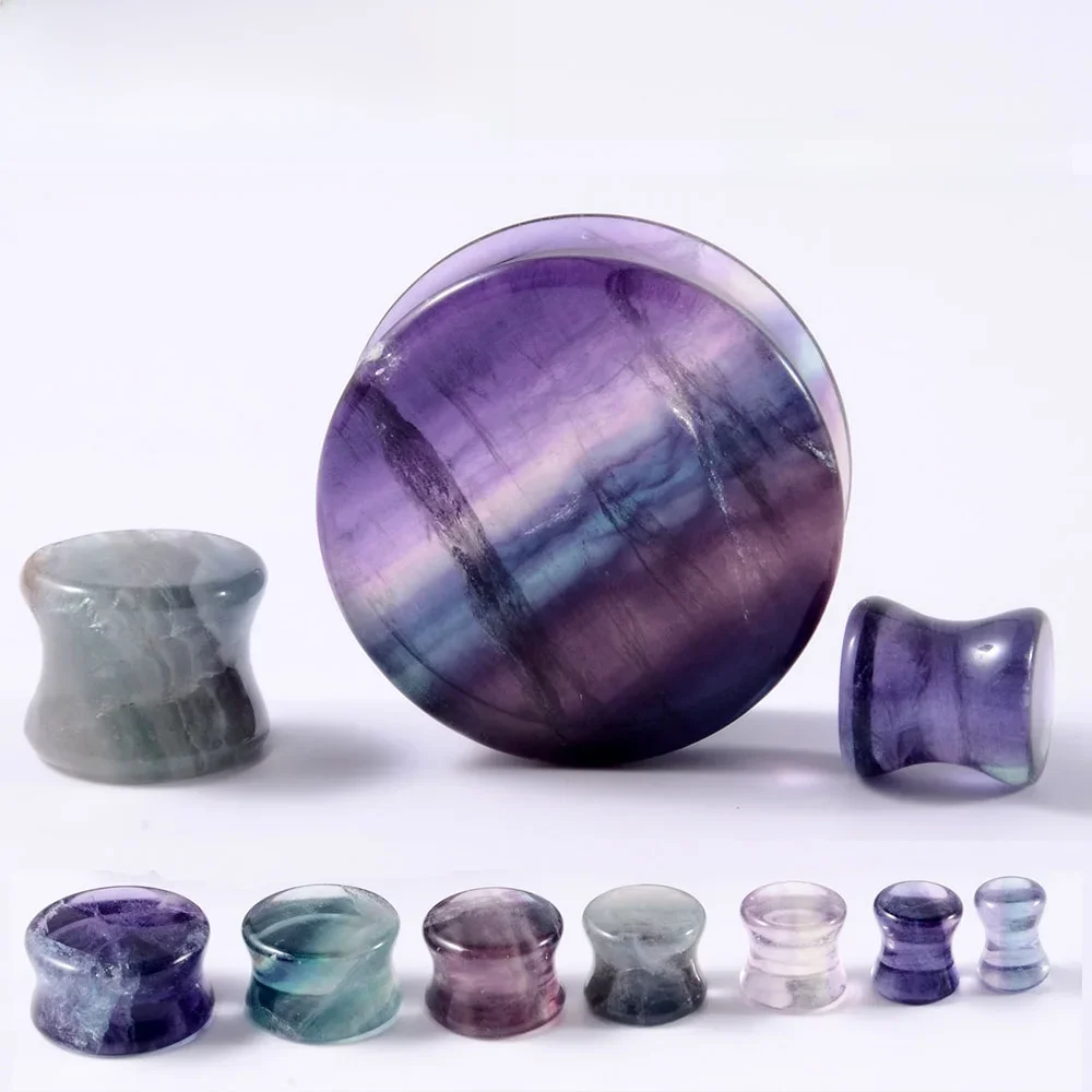 1 para naturalny kamień fluorytowy podwójna solidna rozszerzana wtyczka tunel do ucha miernik Aurora kamień ekspander do uszu waga piercing Jewel — zdjęcie 2
