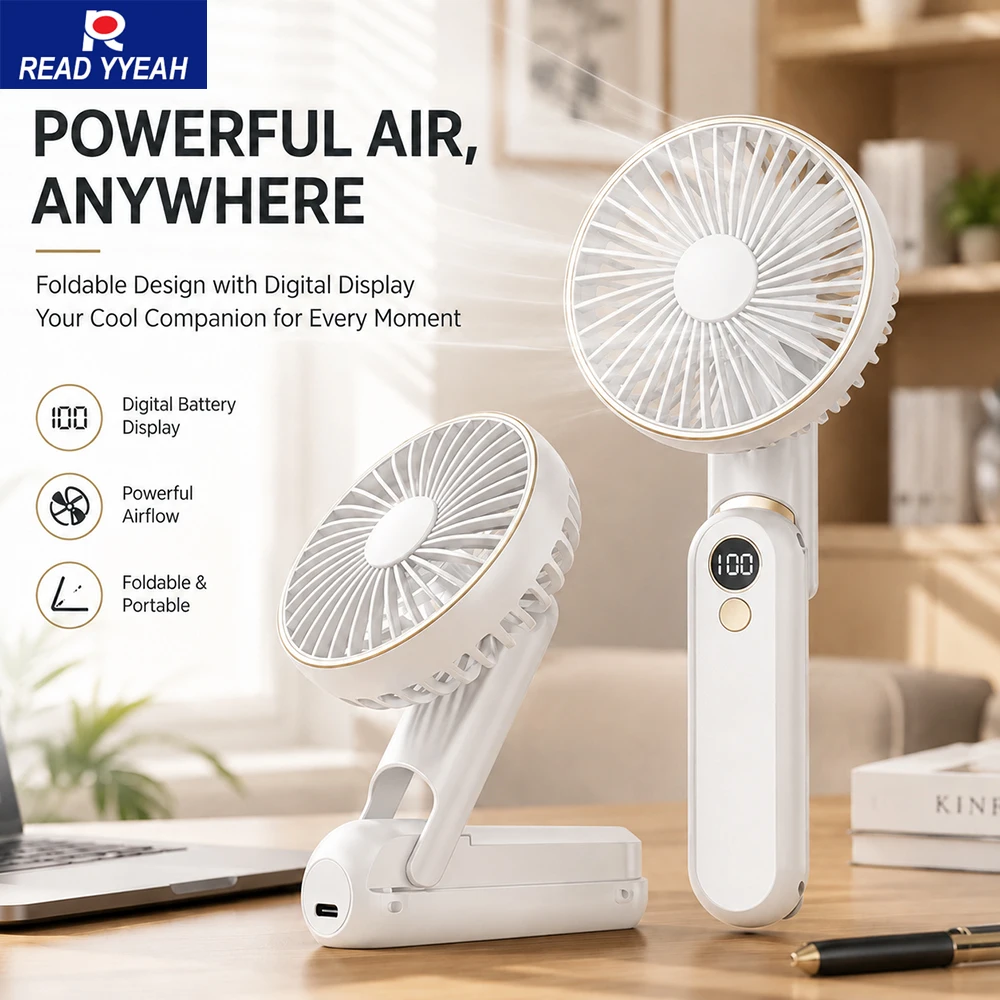 Foldable Portable Fan with Digital Display 3000mAh Battery 5 Speeds Handheld Neck Hanging Desk Fan USB Rechargeable Small Cooler