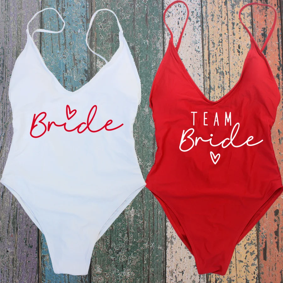 Sexy Padded Women's swimsuit Team Bride Heart Print 2022 One Piece Bathing Suit Bachelor Party Swimwear Women Bodysuit monokini