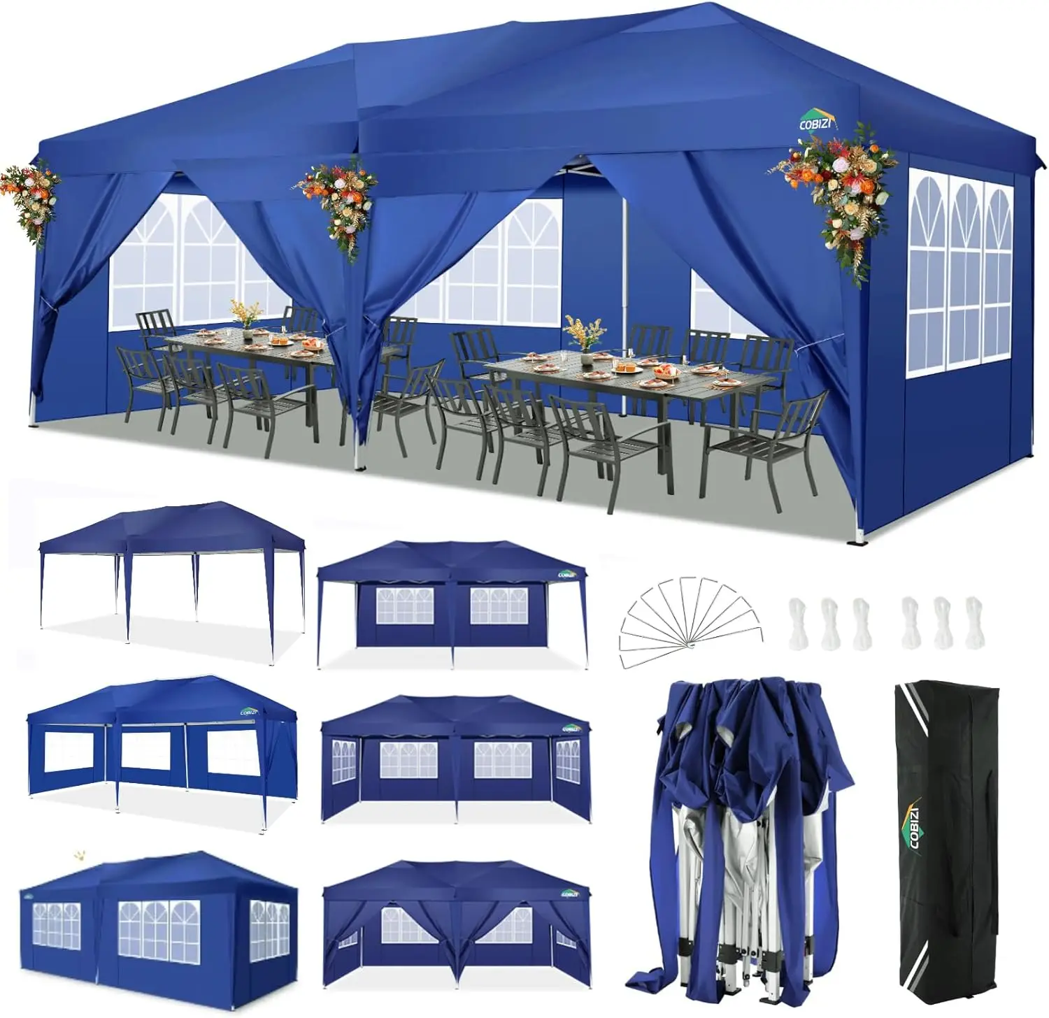 3x6m opvouwbare paviljoen waterdichte stabiele partytent met 6 zijpanelen pop-up tuinluifel 3 in hoogte verstelbaar voor strand, bruiloft - afbeelding 1