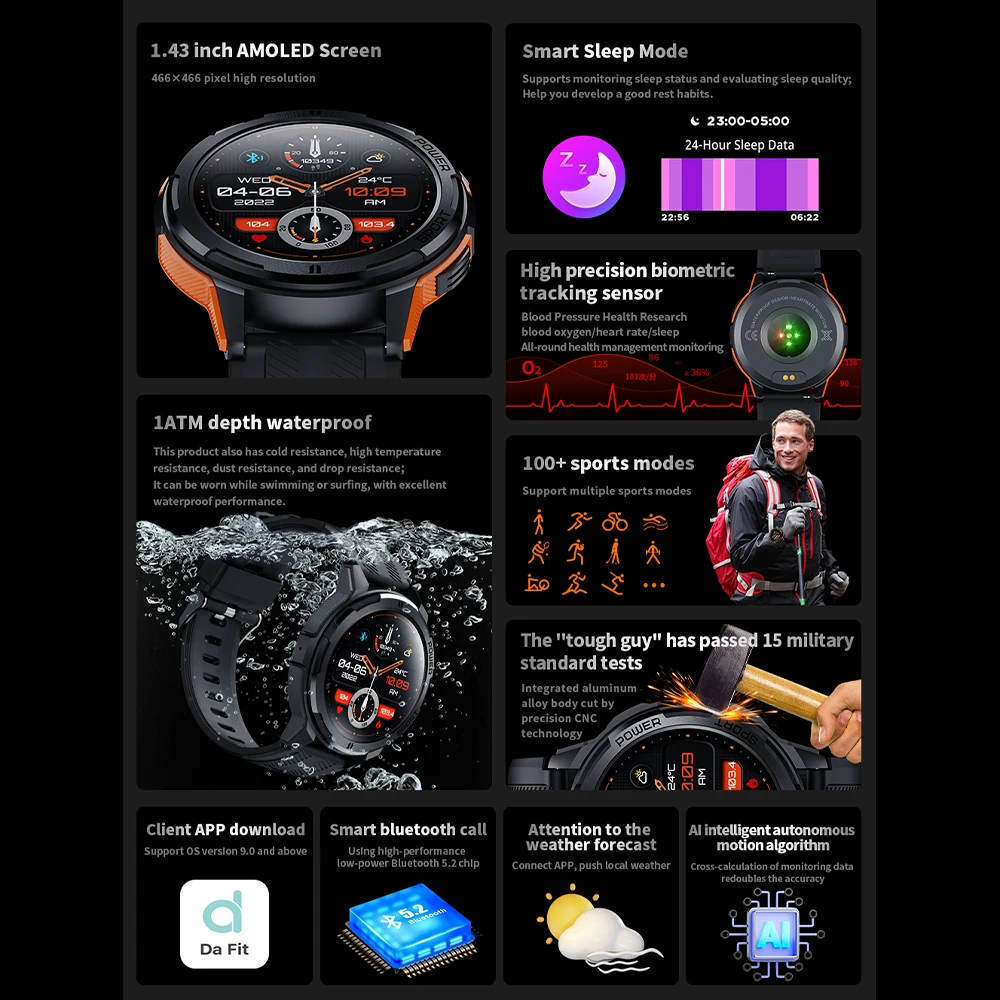 SKMEI 410mAh AMOLED Smartwatch 1.43 inch 1ATM Waterproof Heart Rate Monitor Pedometer Bluetooth Call Smart Watch for android ios