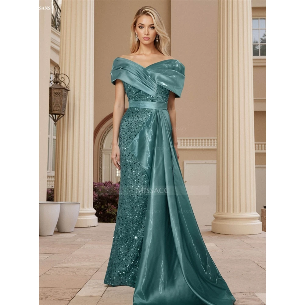 Sansa personalizzato sirena ciano con spalle scoperte spacco laterale abiti da ballo paillettes lucide abiti da noche pavimento-lunghezza da sera formale