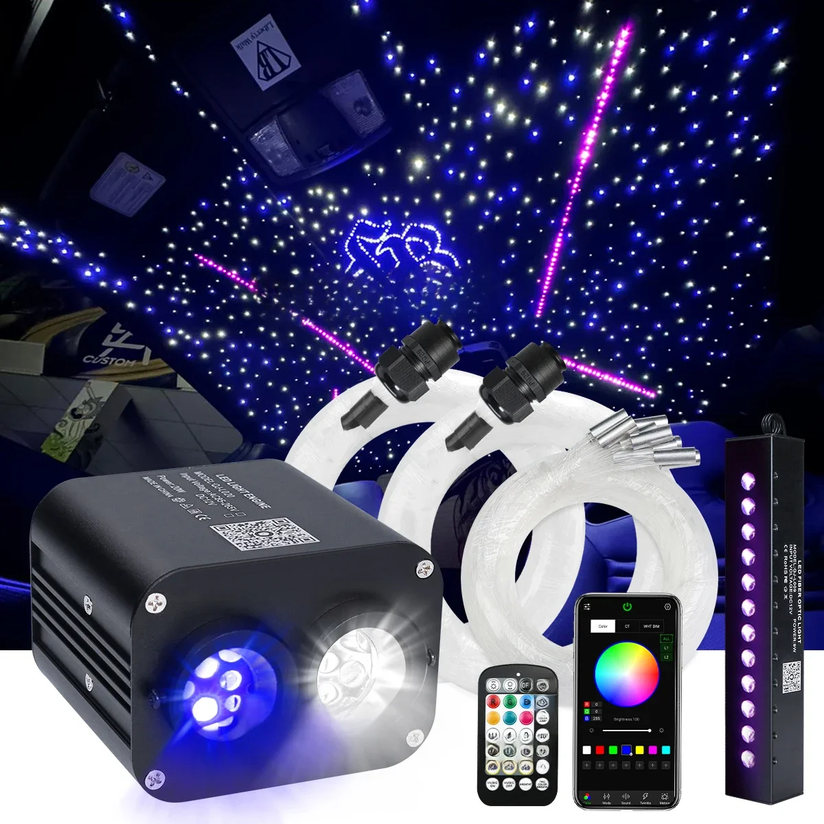 20) 20W Twinkle Araba Çatı Yıldız Işığı RGB Meteor Müzik APP Kontrolü Fiber Optik Yıldız Tavan Işık