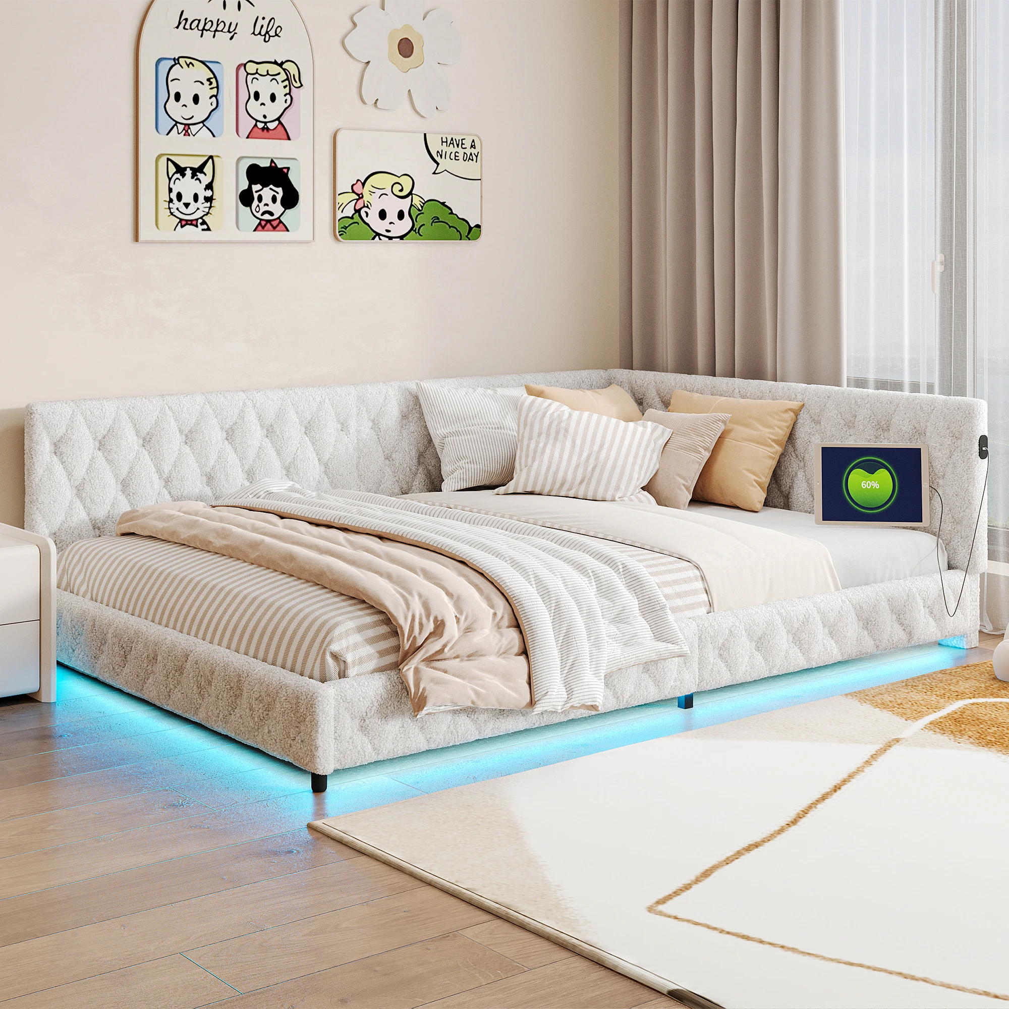 Rosahqnda slaapbank 140*200cm gestoffeerd bed multifunctioneel bed zonder matras lamswol roze en wit/Teddy roze en beige
