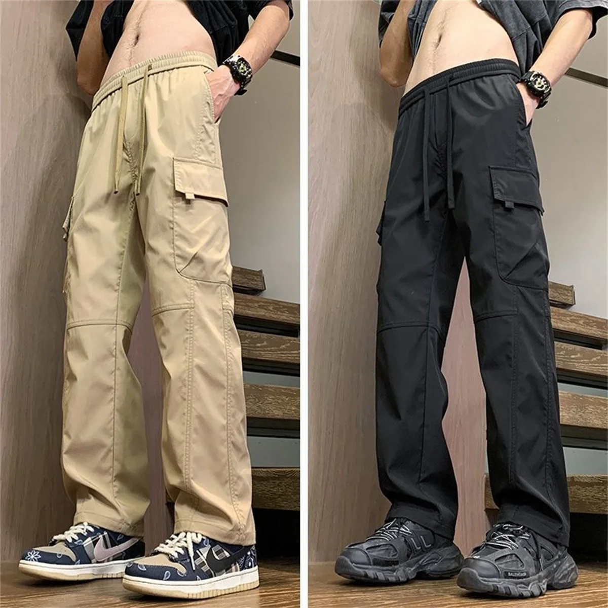Sommer-Cargohose für Herren, gerader Schnitt, mit vielen Taschen, für Arbeit und Freizeit, lässige Jogginghose, modisch, im High-Street-Stil, für Outdoor-Aktivitäten, atmungsaktiv, locker geschnitten. – Detail 3