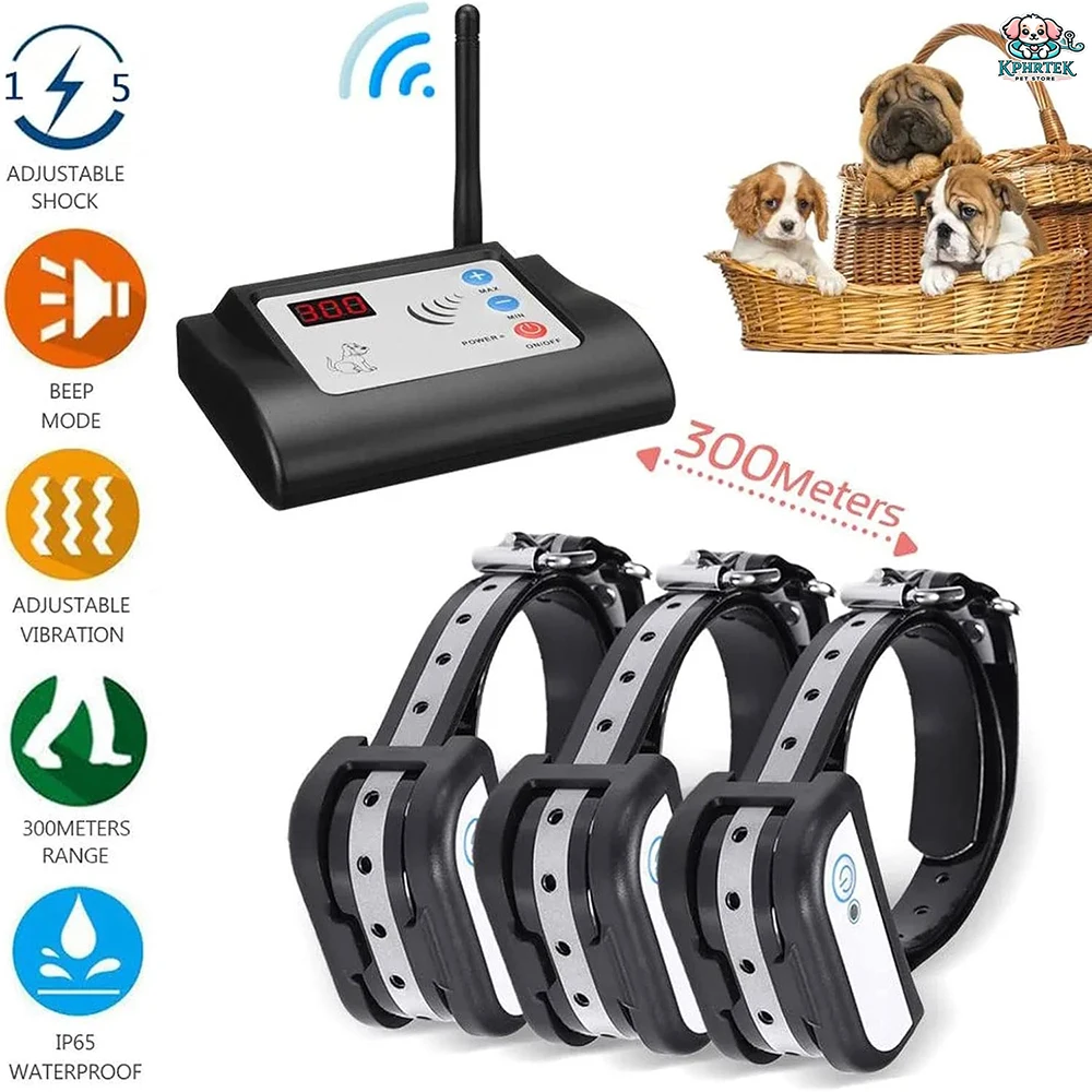 

For 3 Dogs 300M Range Wireless Electric Dog Pet Fence System Rechargeable Waterproof Training Collar With 5 Levels Adjustable Re