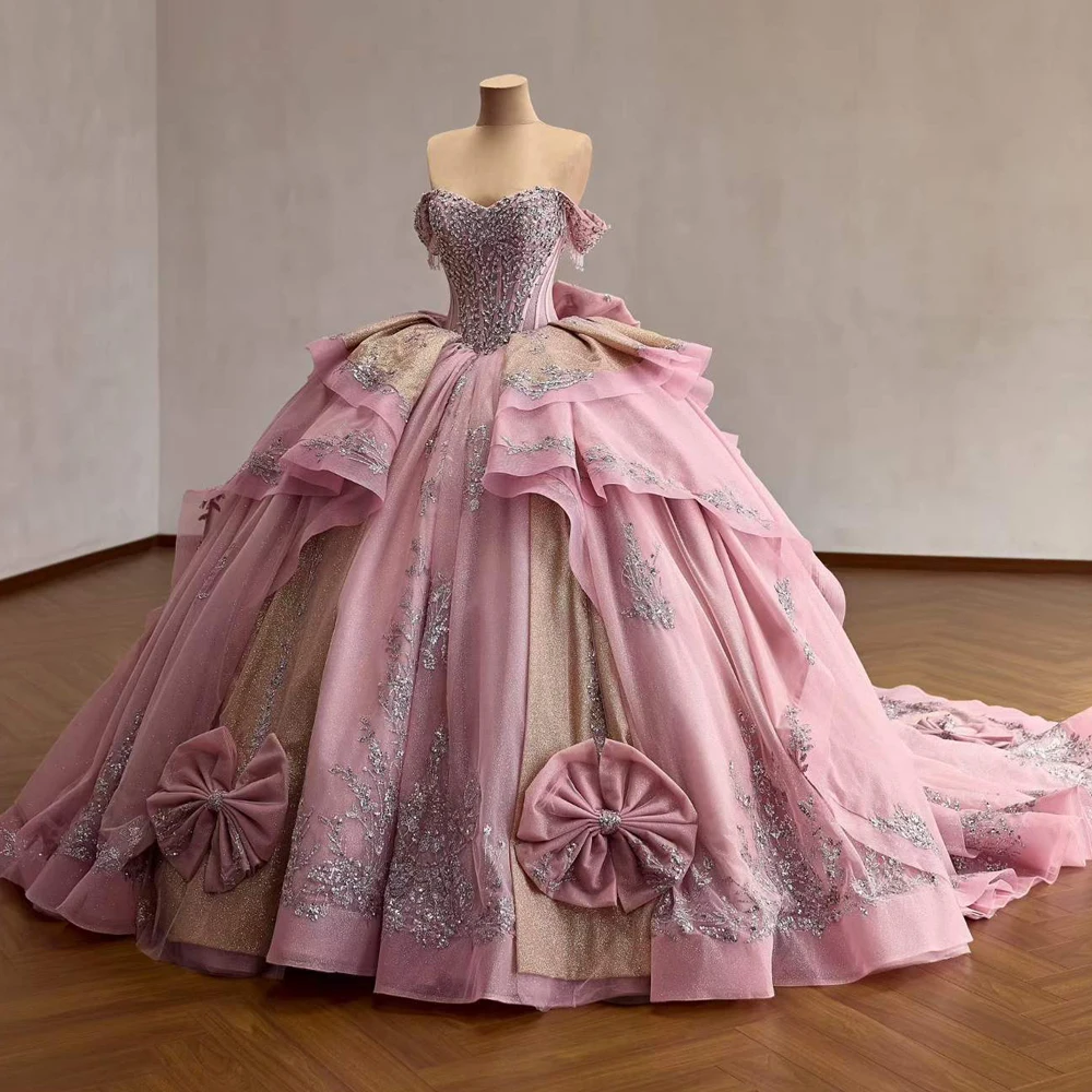 Dusty Pink Quinceañera Dress Crystal Sweetheart Off The Shoulder Lace Up Back Bow Evening Dress