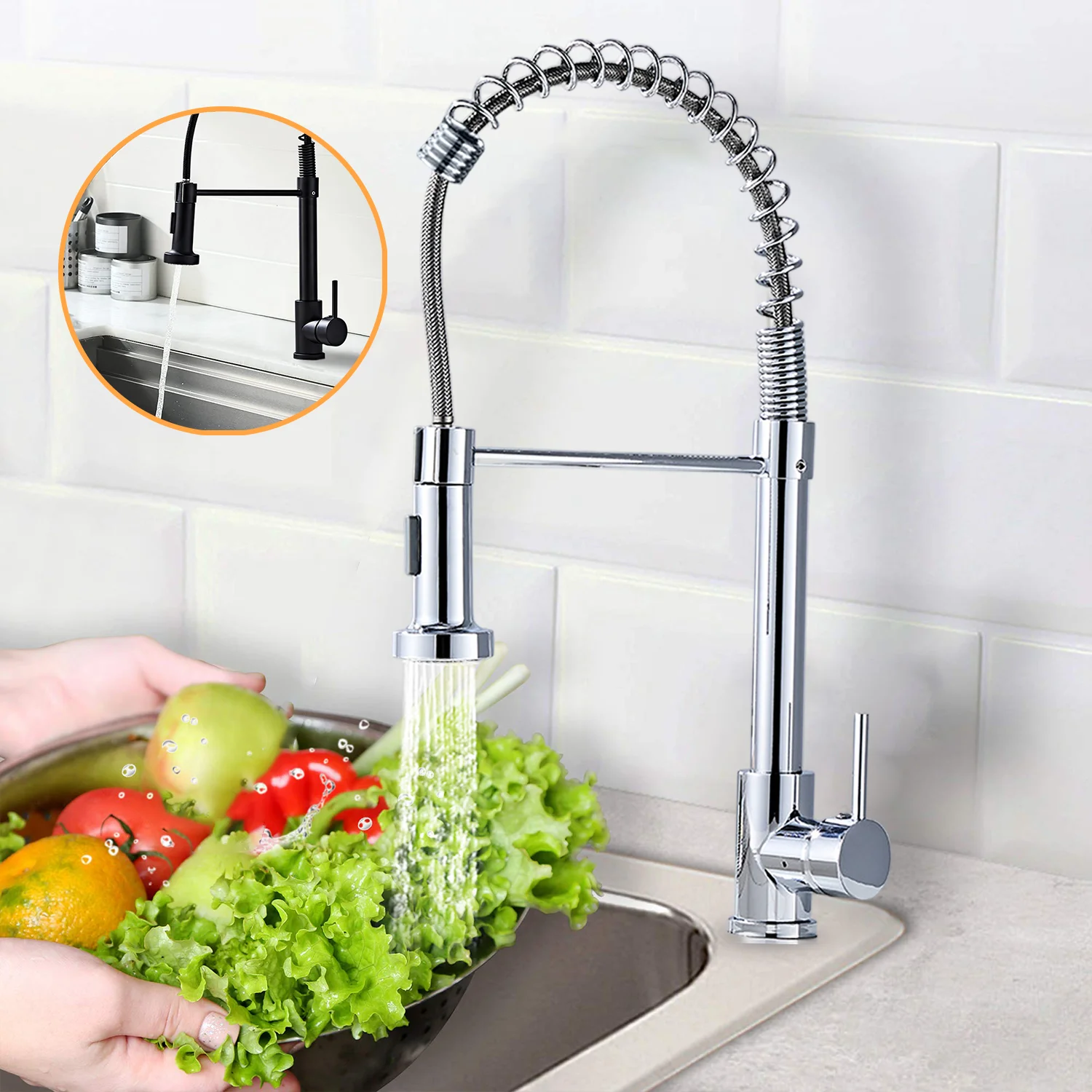Robinet de cuisine extractible, 360° °   Robinet mélangeur à douchette pivotante à ressort, double jet, monocommande, noir mat ou nickel brossé pour évier