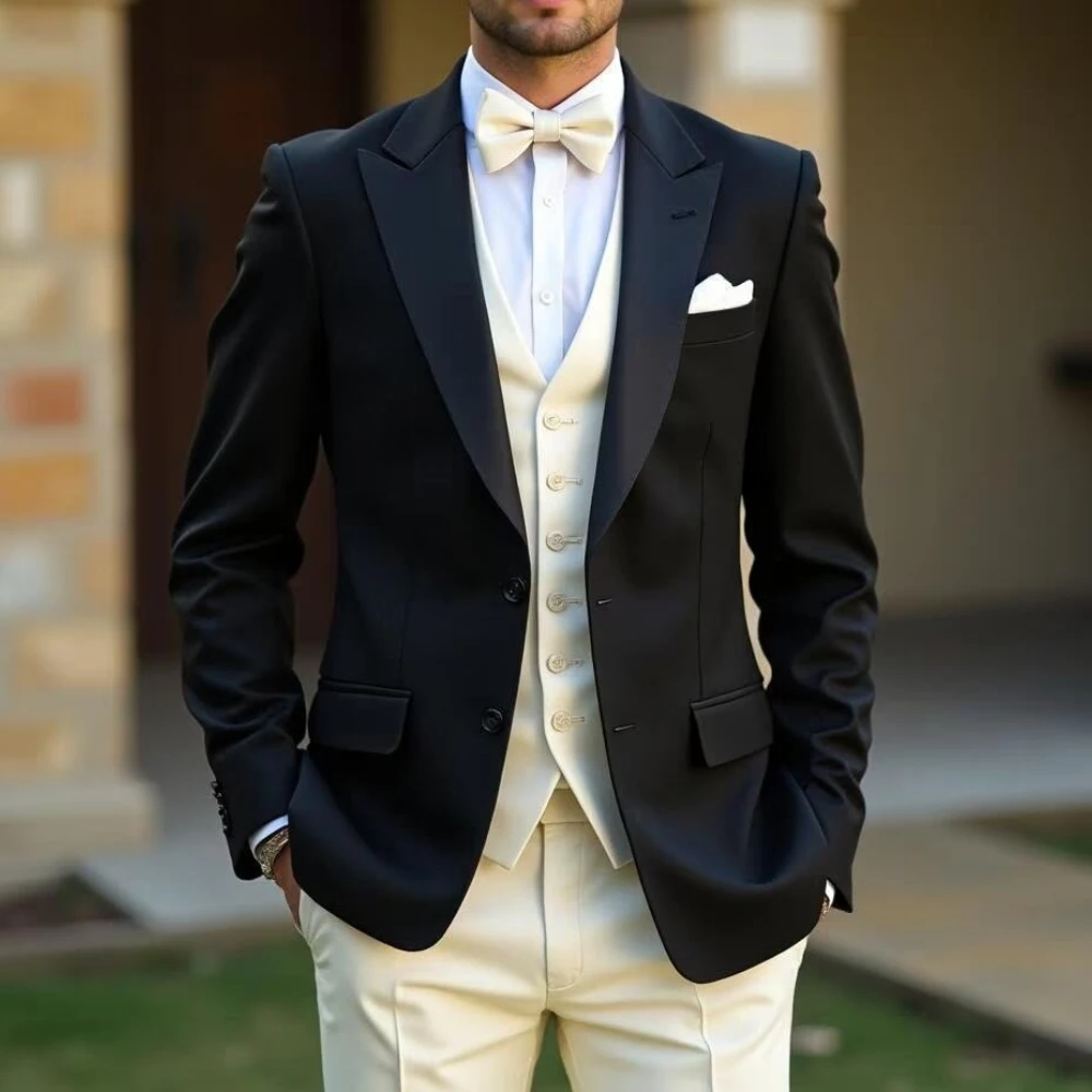 

Мужской костюм с черным воротником цвета слоновой кости, свадебная вечеринка, формальный жених, жених, выпускной, деловые мужские смокинги, комплект из 3 предметов, куртка, жилет, брюки
