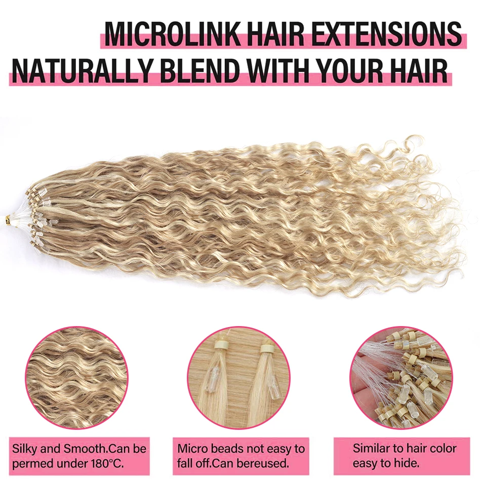 Extensions de Cheveux Naturels Ondulés Remy, Micro Boucle, Micro Perles Bouclées, 1.0g/Mèche