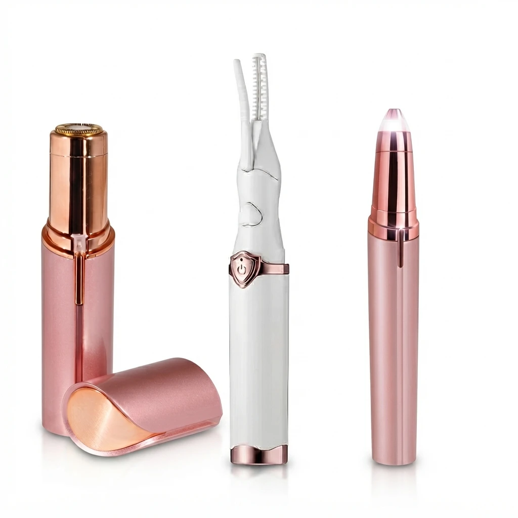 Set of 3 Electric Facial Hair Remover Eyebrow Trimmer and Heated Eyelash Curler Set USB Rechargeable Face Grooming and Lash Styling Kit