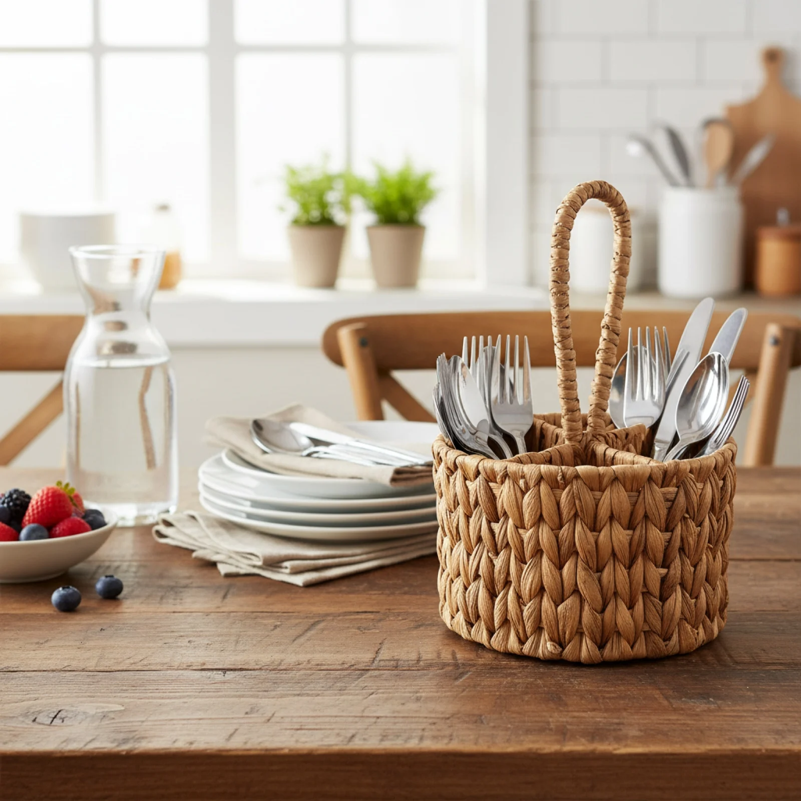 Handwoven Rattan Cutlery Storage Box Multifunctional Flatware Organizer Countertop Holder for Kitchen Dining Room Party