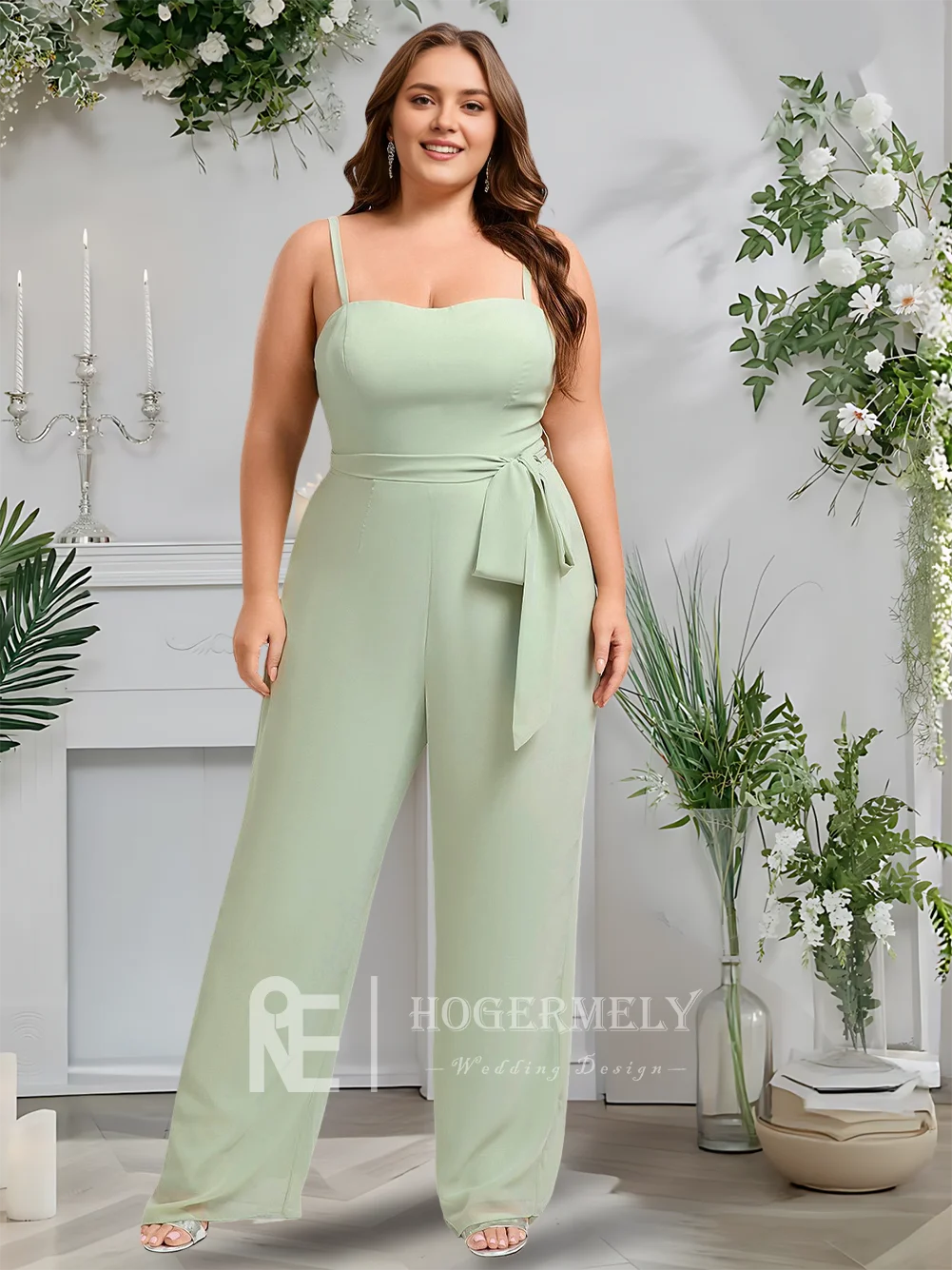 B Celadon mono pantsuit cuello cuadrado hasta el suelo vestidos de dama de honor de gasa con tirantes finos fiesta de boda 2025 ​