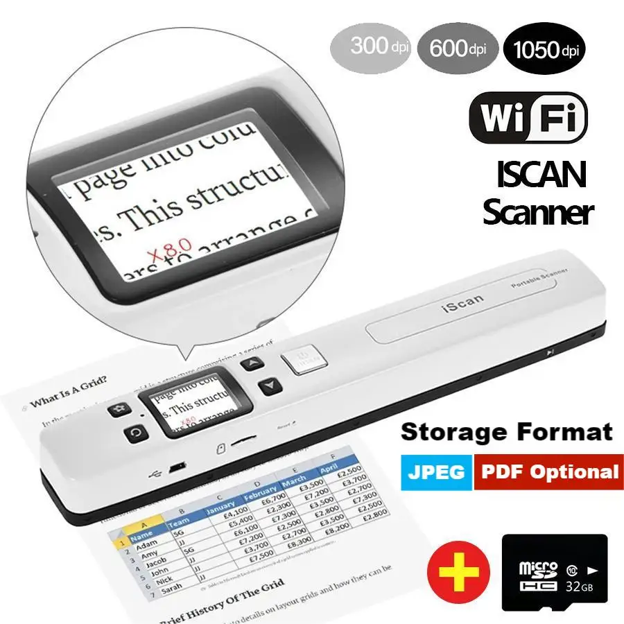 

IScan A4 Mini Portable Office Scanner 8G 16G 32G With LCD Display 1050 DPI Scanning Document Photo Image Storage Format JPG/PDF