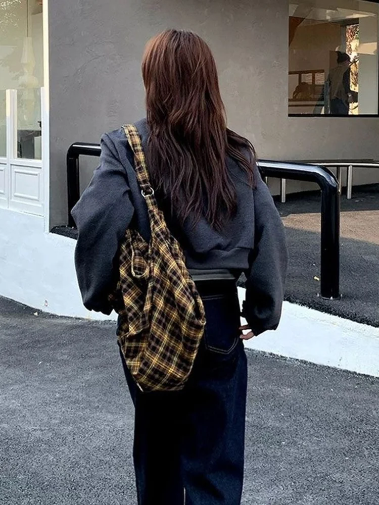 Lässige Vintage-Einkaufstasche, große Kapazität, Canvas-Tragetasche für Damen, entspannter Stil, karierte Pendler-Umhängetasche, vielseitige Reisetasche – Detail 5