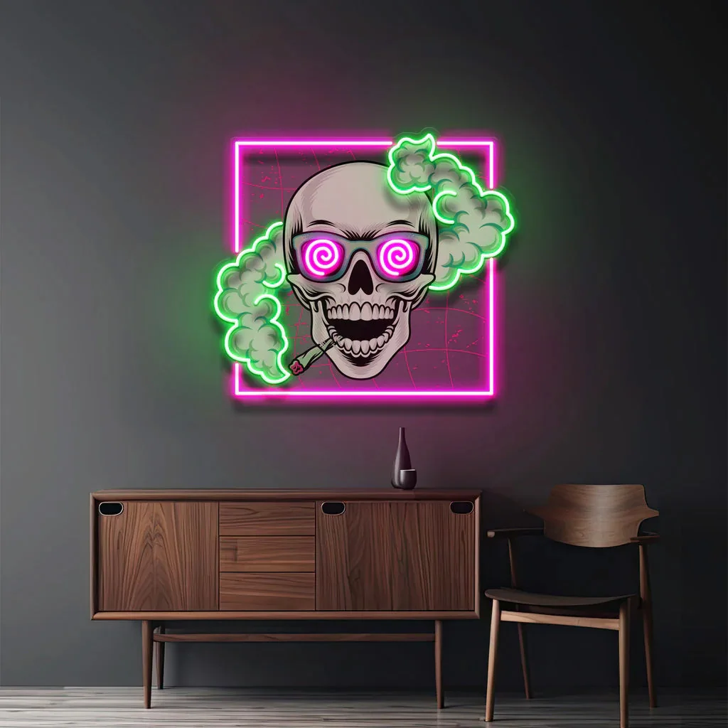 Smoking Skull Neon Sign Pop Art Retro Bar Beer Art Wall Decor Man Cave Bar Pub Home Decor UV Print Skull Dimmable Neon