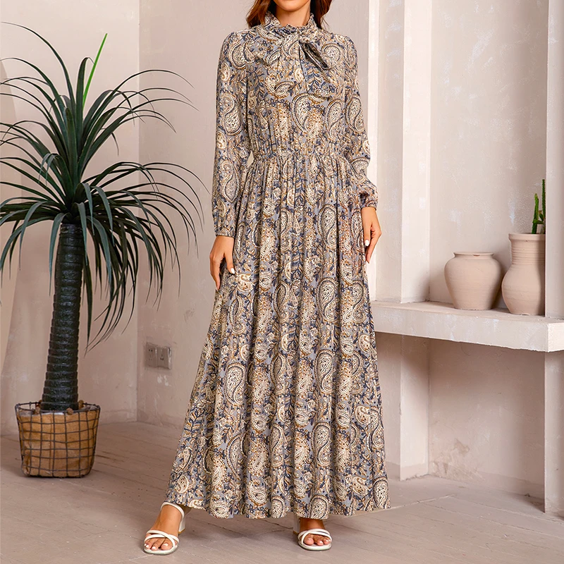 2026 Neues Retro-Kleid mit Cashew-Nuss-Print für Damen, Elegantes Europäisches Urlaubsoutfit, A-Linien-Maxirock für Dates – Detail 7