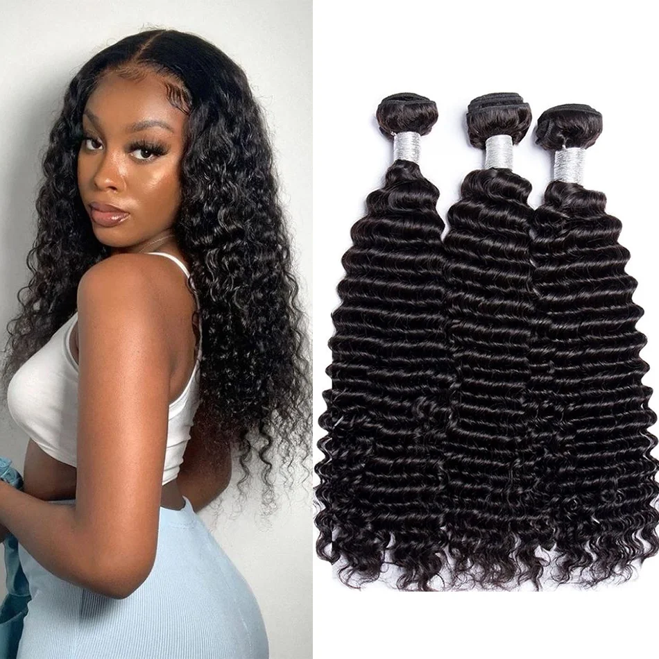 Pacotes brasileiros de cabelo onda profunda, Virgin Hair Weave Bundles, 100% extensões de cabelo humano, extremidade grossa, 1 Pc, 3 Pcs, 4 Pcs