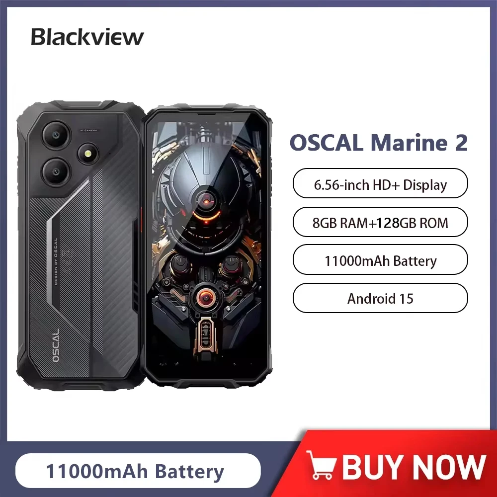 Wytrzymały smartfon Blackview OSCAL Marine 2 z Androidem 15, bateria 11000mAh, telefon z AI, ekran 6,56 cala HD+, Unisoc T615, 8GB+128GB, telefon komórkowy z NFC