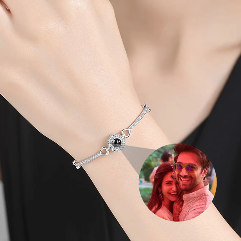 Personalized 925 Sterling Silver Projection Photo Bracelet Circle Pendant Memorial Photo Bracelets Birthday Gift For Girlfriend