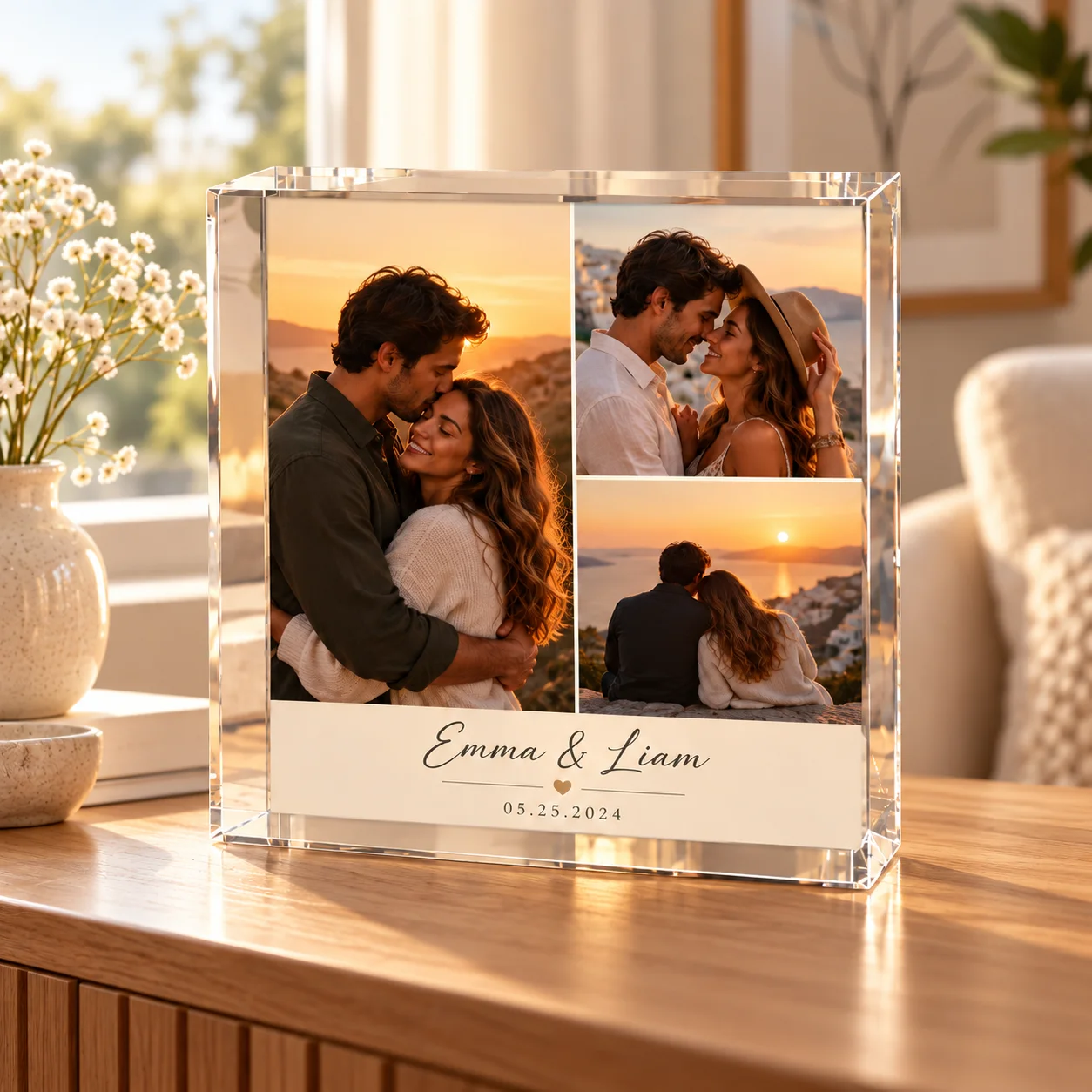 Personalized 3D Acrylic Photo Block - Custom Image Display, Elegant Beach Sunset Design, Perfect Mother's Day Gift
