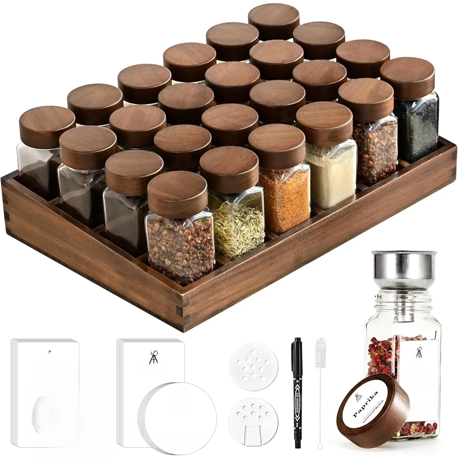 Gewürzregal aus Akazienholz mit 12/24 x 120 ml Gewürzgläsern und Etiketten |   Küchen-Organizer, leicht zu bewegen, um Gewürze zu bewegen